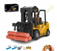 ECBLI Carretilla Elevadora RC con Luz, Excavadora a Control Remoto con Remolque, Juego De Construcción Recargable con Camión De Plataforma Y Grúa, con Sonido Y Luces De Pulverización(Crane,Battery*2)