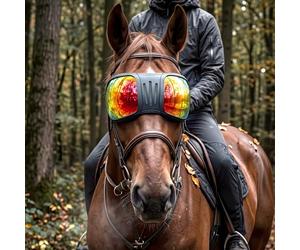 Eccliy Gafas de equitación con protección UV para mascotas, máscara de ojos equinos con lentes rojas espejadas y correa ajustable para montar en senderos, síndrome de sacudida, protección de