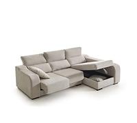 ECCOX - Sofá Chaise Longue Zafiro de 3 Plazas - Asientos Deslizantes, Cabeceros Reclinables y Arcón de Almacenaje - Chaiselonge Derecha Tapizado en Tela Antimanchas - Color Beige