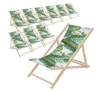 ECD Germany 10x Sillas de Playa de Madera con Diseño Tropical Verde-Blanca Tumbona Plegable con Respaldo Ajustable en 3 Posiciones de Reclinación Asiento de Relax para Jardín o Piscina, hasta 120 kg