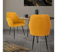 ECD Germany 2X Sillas de Comedor Color Ocre (Amarillo Mostaza) Asiento Moderno Tapizado de Terciopelo con Patas de Metal Negras, Respaldo y Reposabrazos Ergonómicos Sillón Moderno para Salón Cocina