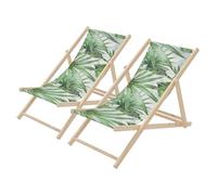ECD Germany 2X Sillas de Playa de Madera con Diseño Palmera Verde-Blanca Tumbona Plegable con Respaldo Ajustable en 3 Posiciones de Reclinación Asiento de Relax para Jardín o Piscina, hasta 120 kg