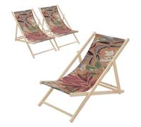 ECD Germany 3X Sillas de Playa de Madera con Diseño Floral Marrón-Rojo-Verde Tumbona Plegable con Respaldo Ajustable 3 Posiciones de Reclinación Asiento de Relax para Jardín o Piscina, hasta 120 kg