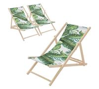 ECD Germany 3X Sillas de Playa de Madera con Diseño Tropical Verde-Blanca Tumbona Plegable con Respaldo Ajustable en 3 Posiciones de Reclinación Asiento de Relax para Jardín o Piscina, hasta 120 kg