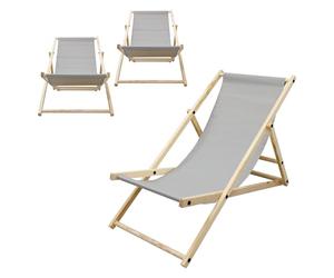 ECD Germany 3X Sillas de Playa de Madera de Pino 3 Posiciones de Reclinación Plegable Tumbona Gris Claro Tradicional de Sol para Jardín Impermeable hasta 120kg Tejido Oxford Hamaca Terraza Piscina