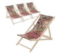 ECD Germany 4X Sillas de Playa de Madera con Diseño Floral Marrón-Rojo-Verde Tumbona Plegable con Respaldo Ajustable 3 Posiciones de Reclinación Asiento de Relax para Jardín o Piscina, hasta 120 kg