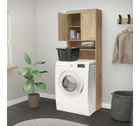 ECD Germany Armario de Lavadora/Secadora Organizador con 2 Puertas y 2 Compartimentos Abiertos 63 x 24 x 187 cm Madera de Roble MDF Mueble De Baño Alto Estantería Moderna Sobrestructura De Lavadora
