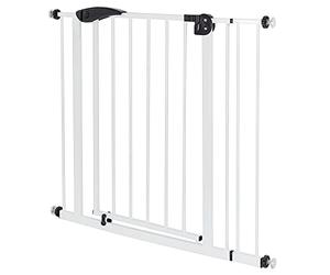 ECD Germany Barrera de Seguridad para Niños, Perros y Gatos 85-95 cm Incl. 10cm de Extensión Protector de Puerta Metálico Blanco Giratoria Ambos Lados Sistema de Cierre Automático para Escaleras