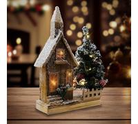 ECD Germany Casa de Madera y Abeto Decorativo de Navidad de Interior Cubierta de Nieve con Iluminación LED Blanco Cálido Casita de Invierno 27x11x44 cm Funciona con Pilas Función de Temporizador