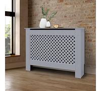 ECD Germany Cubierta del Radiador 112x19x82cm MDF Gris Lacado Revestimiento Protector Moderno de Calefacción Patrón de Panal Superficie de Estantería Útil de Madera para Sala de Estar Dormitorio