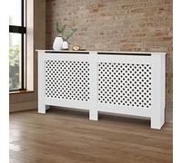 ECD Germany Cubierta del Radiador 152x19x82 cm MDF Blanco Lacado Revestimiento Protector Moderno de Calefacción Patrón Panal Superficie de Estantería Útil de Madera para Sala de Estar Dormitorio