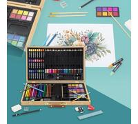 ECD Germany Estuche de Pintura de 109 Piezas Maletín de Madera Kit de Arte y Dibujo Portátil Caja Profesional de Artista para Niños y Adultos Incluye Lápices de Colores, Acuarelas y más Accesorios