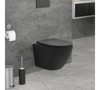 ECD Germany Inodoro Suspendido de Pared sin Descarga Diseño Cerámica Negro Mate WC con Asiento Extraíble de Duroplast Sanitario con Mecanismo de Cierre Suave Lavado de Corta Proyección 49 cm