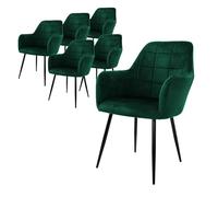 ECD Germany Juego de 6 Sillas de Comedor con Respaldo y Reposabrazos Verde Oscuro Asiento de Terciopelo Tapizado Sillón con Patas de Metal Negro Muebles Decorativos Diseño Moderno Ideal para el Hogar