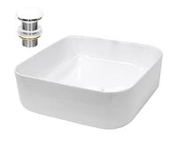 ECD Germany Lavabo Cerámica Blanco Cuadrado 390x390x140 mm con Juego De Drenaje Sin Rebosadero Lavamanos Moderno sobre Encimera Pila para Baño Aseo Fregadero Colgante Válvula De Desagüe Pop Up