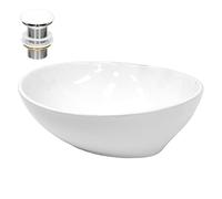 ECD Germany Lavabo Cerámica Blanco Ovalado 410x330x142 mm Incl. Juego De Drenaje Sin Rebosadero Lavamanos Moderno De Encimera Sobremesa para Baño Aseo Fregadero Colgante Válvula De Desagüe Pop Up