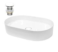 ECD Germany Lavabo Cerámica Blanco Ovalado 605x380x125 mm con Juego De Drenaje Sin Rebosadero Lavamanos Moderno sobre Encimera Pila para Baño Aseo Fregadero Colgante Válvula De Desagüe Pop Up