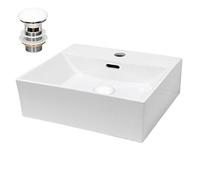 ECD Germany Lavabo Cerámica Blanco Rectangular 415x360x130 mm Incl. Juego De Desagüe con Rebosadero Agujero para Grifo Lavamanos Moderno De Encimera Sobremesa para Baño Aseo Fregadero Colgante