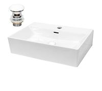 ECD Germany Lavabo Cerámica Blanco Rectangular 515x360x130 mm Incl. Juego De Desagüe con Rebosadero Agujero para Grifo Lavamanos Moderno De Encimera Sobremesa para Baño Aseo Fregadero Colgante