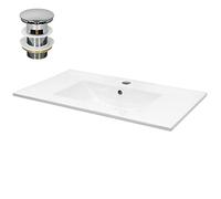ECD Germany Lavabo Cerámica Blanco Rectangular 710x465x175 mm con Juego De Drenaje con Rebosadero Lavamanos Moderno Encastrado Pila para Baño Aseo Fregadero Válvula De Desagüe Pop Up