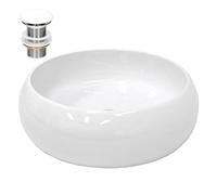 ECD Germany Lavabo Cerámica Blanco Redondo Ø 350 x 120 mm Incl. Juego De Drenaje Sin Rebosadero Lavamanos Moderno De Encimera Sobremesa para Baño Aseo Fregadero Colgante Válvula De Desagüe Pop Up