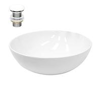 ECD Germany Lavabo Cerámica Blanco Redondo Ø 400 x 147 mm con Juego De Drenaje Sin Rebosadero Lavamanos Moderno sobre Encimera Pila para Baño Aseo Fregadero Colgante Válvula De Desagüe Pop Up