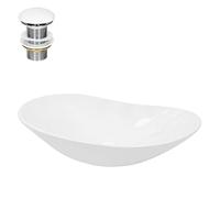 ECD Germany Lavabo Cerámico Blanco Ovalado 640x365x130 mm para Baño con Juego de Desagüe sin Rebosadero Agujero de Conexión Estandar Lavamanos sobre Encimera Diseño Moderno Fregadero Pila con Drenaje