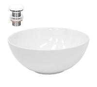 ECD Germany Lavabo Cerámico Blanco Redondo Ø 320 x 135 mm para Baño con Agujero de Conexión Estandar Lavamanos sobre Encimera Diseño Moderno Fregadero con Juego de Desagüe Pila para Aseo con Drenaje