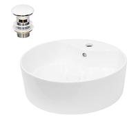 ECD Germany Lavabo Cerámico Blanco Redondo Ø 460 x 155 mm para Baño con Juego de Desagüe con Rebosadero Agujero de Conexión Estandar Lavamanos sobre Encimera Diseño Moderno Fregadero Pila con Drenaje