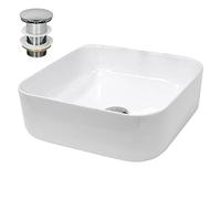 ECD Germany Lavabo Cerámico Cuadrado con Agujero Conexión Estandar - Blanco - Lavamanos sobre Encimera - 390 x 390 x 140 mm - Diseño Moderno - Fregadero con Juego de Desagüe - Realza Cada Baño o Aseo