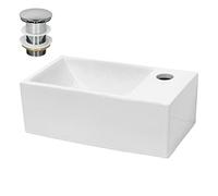 ECD Germany Lavabo Cerámico Cuadrado con Agujero Conexión Estandar - Blanco - Lavamanos sobre Encimera - 350 x 205 x 125 mm - Diseño Moderno - Fregadero con Juego de Desagüe - Realza Cada Baño o Aseo