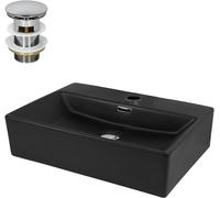 ECD Germany Lavabo cerámico negro rectangular con juego de drenaje cromado