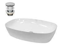 ECD Germany Lavabo Cerámico Ovalado con Agujero Conexión Estandar - Blanco - Lavamanos sobre Encimera - 350 x 205 x 125 mm - Diseño Moderno - Fregadero con Juego de Desagüe - Realza Cada Baño o Aseo