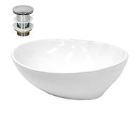 ECD Germany Lavabo Cerámico Ovalado con Agujero Conexión Estandar - Blanco - Lavamanos sobre Encimera - 410 x 330 x 142 mm - Diseño Moderno - Fregadero con Juego de Desagüe - Realza Cada Baño o Aseo