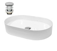 ECD Germany Lavabo Cerámico Ovalado con Agujero Conexión Estandar - Blanco - Lavamanos sobre Encimera - 605 x 380 x 125 mm - Diseño Moderno - Fregadero con Juego de Desagüe - Realza Cada Baño o Aseo