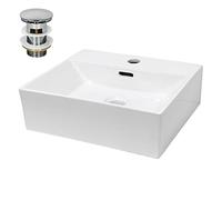 ECD Germany Lavabo Cerámico Rectangular con Agujero Conexión Estandar Blanco Lavamanos sobre Encimera 415 x 360 x 130 mm Diseño Moderno Fregadero con Juego de Desagüe Realza Cada Baño o Aseo