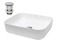ECD Germany Lavabo Cerámico Rectangular con Agujero Conexión Estandar - Blanco - Lavamanos sobre Encimera - 505x395x135 mm - Diseño Moderno - Fregadero con Juego de Desagüe Realza Cada Baño o Aseo