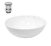 ECD Germany Lavabo Cerámico Redondo con Agujero Conexión Estandar - Blanco - Lavamanos sobre Encimera - 400 x 395 x 147 mm - Diseño Moderno - Fregadero con Juego de Desagüe - Realza Cada Baño o Aseo