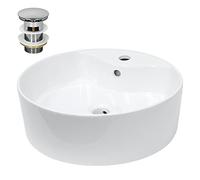 ECD Germany Lavabo Cerámico Redondo con Agujero Conexión Estandar - Blanco - Lavamanos sobre Encimera - 460 x 460 x 155 mm - Diseño Moderno - Fregadero con Juego de Desagüe - Realza Cada Baño o Aseo