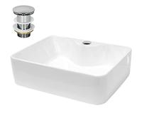 ECD Germany Lavabo de Baño Ø 480 x 380 mm Lavadero de Encimera Material Cerámico Blanco Cuadrado Fregadero de Aseo Cascada Estilo Moderno y Elegante Sanitario Sobremesa Lavamanos con Juego de Drenaje