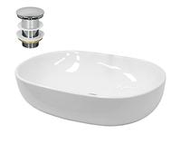 ECD Germany Lavabo de Baño Ø 600 x 420 mm Lavadero de Encimera Material Cerámico Cuenco Blanco Fregadero de Aseo Cascada Estilo Moderno y Elegante Sanitario Sobremesa Lavamanos con Juego de Drenaje