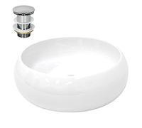 ECD Germany Lavabo de Baño Ø 400 x 350 mm Lavadero de Encimera Redondo Material Cerámico Cuenco Blanco Fregadero de Aseo Estilo Moderno y Elegante Sanitario Sobremesa Lavamanos con Juego de Drenaje