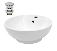ECD Germany Lavabo de Baño 455x185mm Lavadero de Encimera Redondo de Cerámica Blanco Fregadero de Aseo Cascada Moderno y Elegante Sanitario Sobremesa Lavamanos con Juego de Drenaje con Desbordamiento