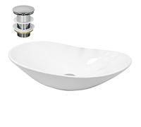 ECD Germany Lavabo de Baño 640x365x130 mm Lavadero de Encimera Material Cerámico Blanca Fregadero de Aseo Cascada Estilo Moderno y Elegante Sanitario Sobremesa Lavamanos Incluido Desagüe