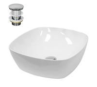 ECD Germany Lavabo Sobre Encimera - 405 x 405 x 140 mm - Cerámica - Diseño Ovalado - Lavadero Blanco Brillante - Lavamanos Sobremesa Sanitario Baño o Aseo - Moderno y Elegante - Con Válvula de Desagüe