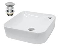 ECD Germany Lavabo sobre Encimera - 435 x 435 x 125 mm - Cerámica - Diseño Cuadrado - Lavadero Blanco Brillante - Lavamanos Sobremesa Sanitario Baño o Aseo - Moderno y Elegante - con Válvula Desagüe