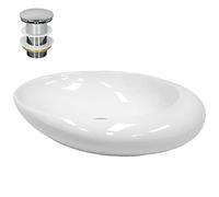 ECD Germany Lavabo Sobre Encimera - 585 x 375 x 145 mm - Cerámica - Diseño Ovalado - Lavadero Blanco Brillante - Lavamanos Sobremesa Sanitario Baño o Aseo - Moderno y Elegante - Con Válvula de Desagüe