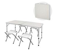 ECD Germany Mesa Plegable de Camping con 4 Taburetes 120 x 60 x 55/63/70 cm Altura Ajustable con Bisagras Blanco/Crema Mesita Auxiliar Multiusos Aluminio y MDF Juego de Muebles de Acampar Playa