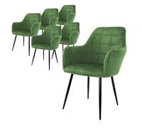 ECD Germany Set 6X Sillas de Comedor Verde Salvia Asiento Moderno Tapizado de Terciopelo Patas de Metal Negras, Respaldo y Reposabrazos Ergonómicos Sillón Moderno para Salón Oficina Dormitorio Cocina