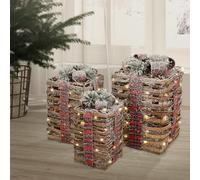 ECD Germany Set Decorativo de 3 Cajas de Regalo Navideño con Luces LED de Ratán Marrón con Nieve, Figura de Iluminación para Árbol de Navidad Blanco Cálido con Temporizador Decoración con Pilas